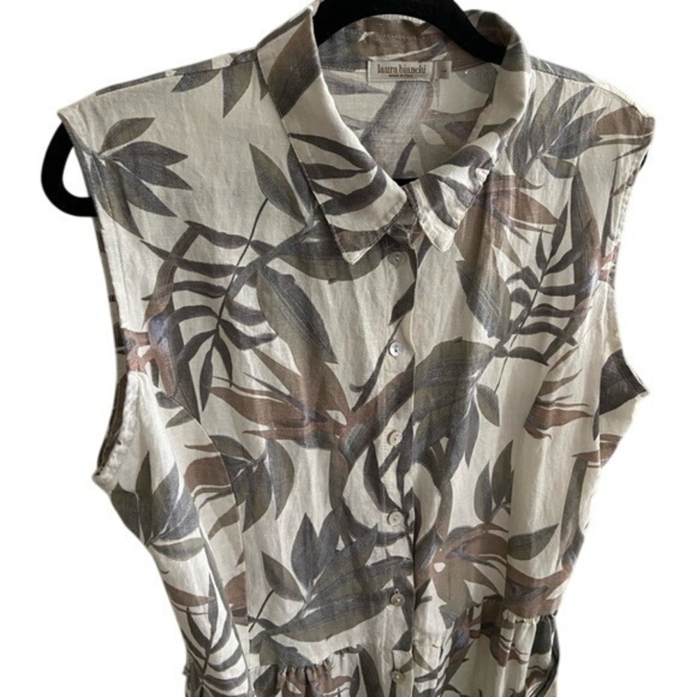 Laura Bianchi Linen Shirt Dress Women Large Tan Tropical‎ Sleeveless lightweight